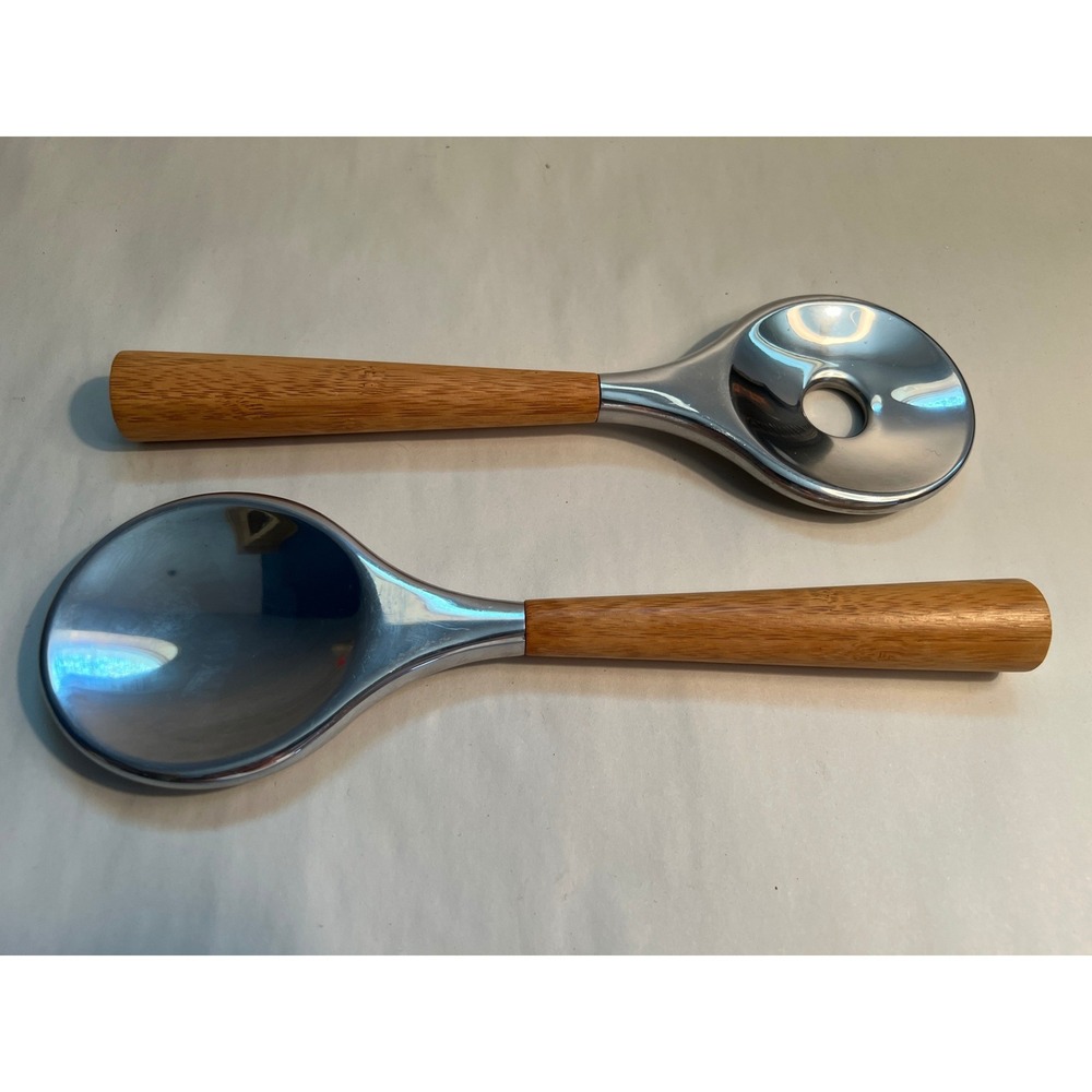 Nambe Modernist Light Teak Wood / Stainless Steel Salad Serving Set